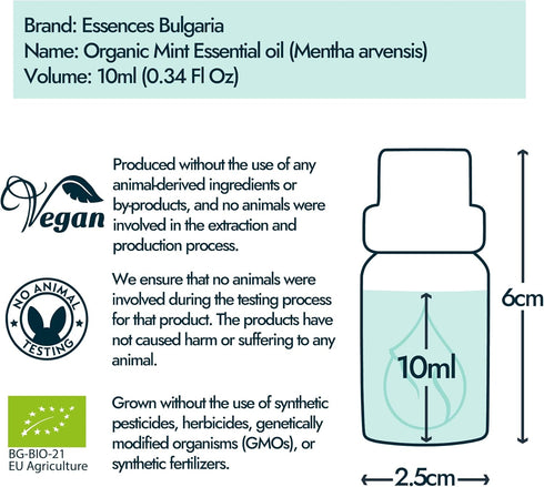 Essences Bulgaria Organic Mint Essential Oil 1/3 Fl Oz | 10ml | Mentha arvensis | 100% Pure and Natural | Undiluted | Therapeutic Grade | Family O...