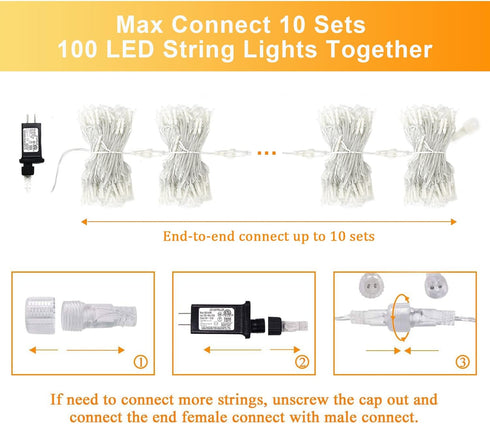 JMEXSUSS 2 Pack 100 LED Warm White Christmas Lights Outdoor, Connectable 33ft Warm White String Lights Indoor Plug in, 8 Modes Christmas String Li...