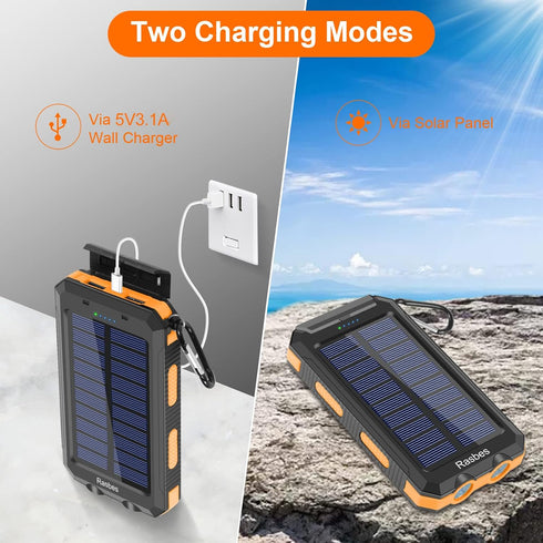 Solar Charger, Portable 38800mAh Solar Power Bank IPX5 Waterproof with Built-in Solar Panel Charger and LED Flashlight, Solar Phone Charger Batter...