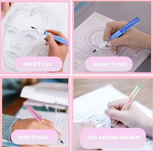 6 PCS Infinity Pencil with Pencil Case and Eraser, Infinity Eternal Pencils, Everlasting Pencils with 6 Replaceable Nibs for Writing Drawing Stude...
