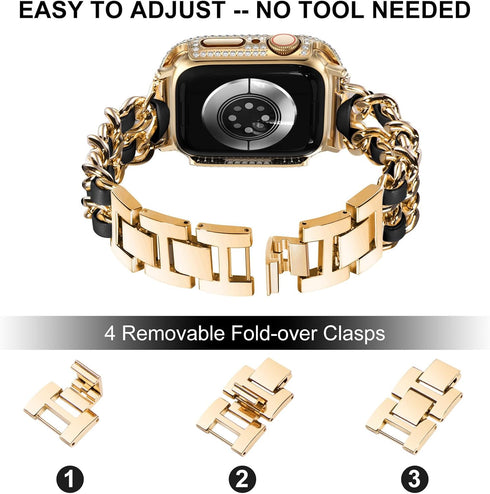FULLIFE Compatible with Apple Watch Bands for Women 38mm 40mm 41mm 42mm 44mm 45mm with Screen Protector, Jewelry Bracelet Metal Strap with Bling C...