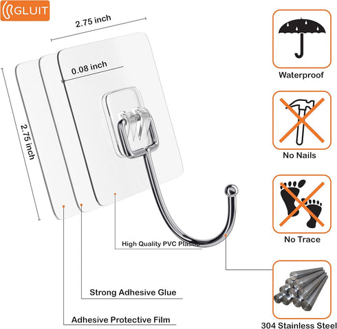 GLUIT Large Adhesive Hooks for Hanging Heavy Duty 22 lbs - Robe Towel Hanger Hooks, Waterproof Adhesive Wall Hooks for Home, Bathroom, Kitchen, Of...