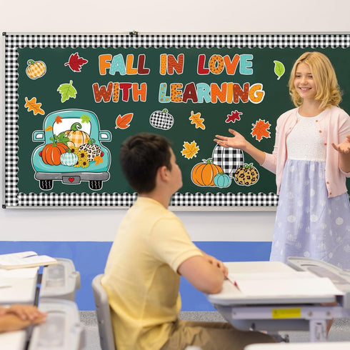 69Pcs Fall Classroom Bulletin Board Decorations Blue Truck Pumpkin Maple Leaves Cutouts for Autumn Thanksgiving Home School Wall Chalkboard Decor...