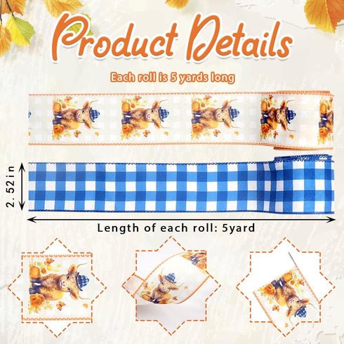 2 Rolls Cute Animal Ribbons for Crafting, Spring Summer Wired Edge Ribbon Blue Buffalo Plaid Ribbon Bow Birthday Calf Farmhouse Burlap Ribbon for ...