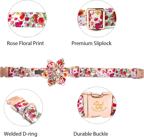 Elegant little tail Dog Collar with Flower, Floral Print Pet Collar Flower Dog Collar Summer Cute Dog Collar Adjustable Dog Collar for X-Large Dog...