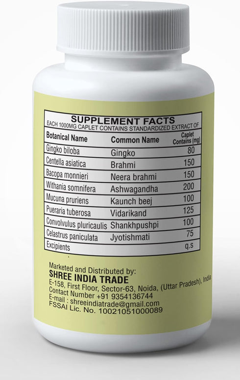 AYUREVDASHREE Medho Vatika 60 Caplets | Each 1000 MG Caplet Contains Extract of 8 Natural Herbs Such as Gingko, Brahmi, Neera Brahmi, Ashwagandha,...
