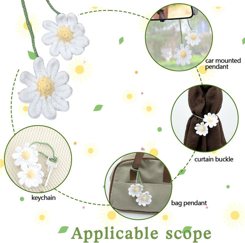 1 Pack Cute Crochet Flower Car Accessories Ladies Knitted Mirror Accessories Daisies Car Decoration Accessories (White)...