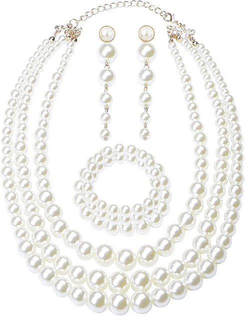 FINREZIO Women's Faux Three Multi-Strand Pearl Necklace Long Pearl Dangle Earrings and Bracelet Jewelry Set for Women...