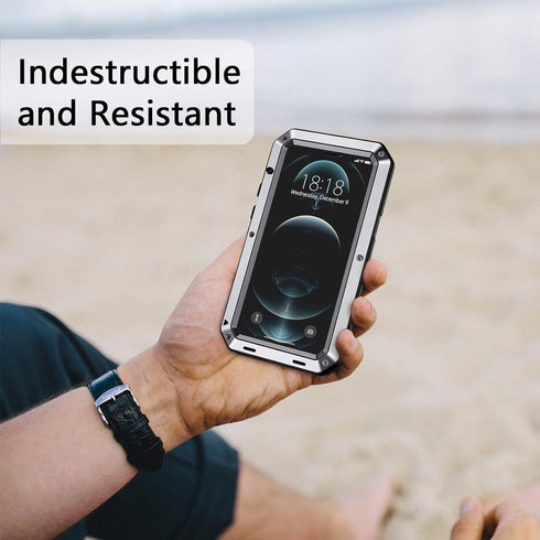 Lanhiem for iPhone 12 Pro Max Metal Case, Heavy Duty Shockproof Tough Rugged Case with Built-in Glass Screen Protector, 360 Full Body Dust Proof P...