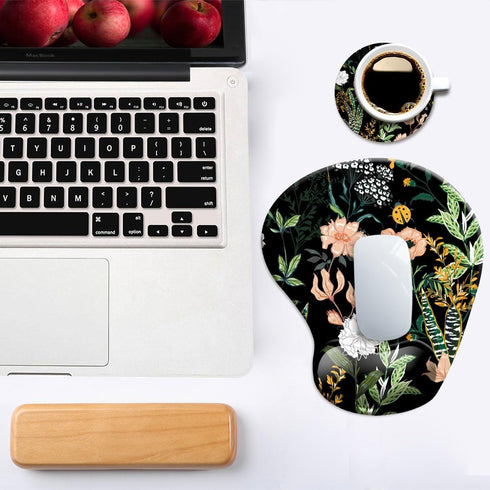 Ergonomic Mouse Pad with Wrist Support, Cute Mouse Pads with Non-Slip PU Base for Home Office Working Studying Easy Typing & Pain Relief Black Flo...