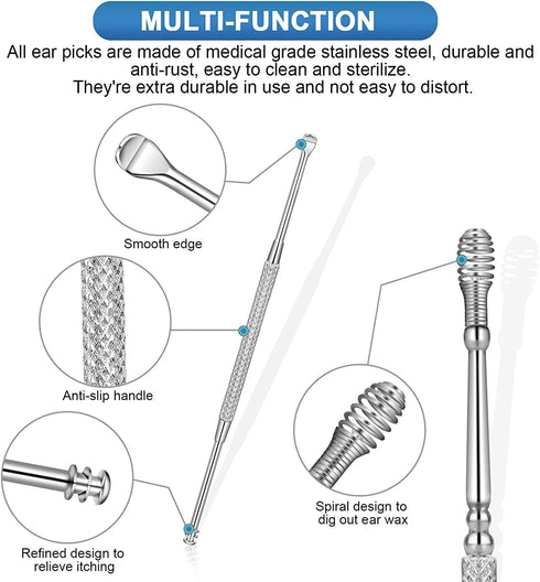 Ear Pick Ear Curette Earwax Pick Removal Tool Kit 8 Pcs, Stainless Steel Ear Hygiene Care Sets with Storage Box...