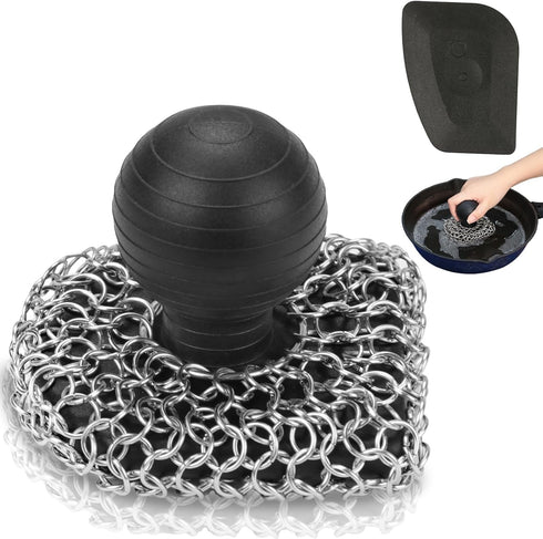 Cast Iron Scrubber with Pan Scraper, 316 Chainmail Scrubber, Upgraded Chain Mail Scrubber Sponge, Cast Iron Cleaner for Grill Pan Skillet Wok Carb...