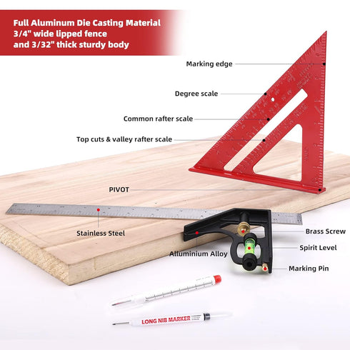 Rafter Square and 12 inch Combo Square Set, Carpentry Squares, Combination Square with Bubble Vial, Woodworking Square, Aluminum Rafter Square, Ca...