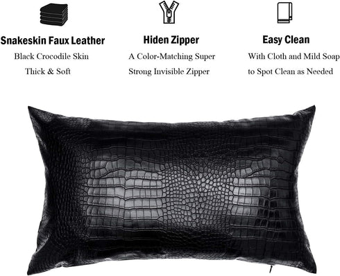 Black Crocodile Skin Faux Leather Pillow Cover - Sofa Cushion Case - Decorative Modern Throw Covers for Living Room & Bedroom - 12x20 Inches - Bla...