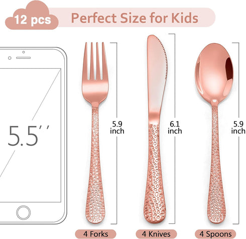 LIANYU 12-Piece Kids Copper Silverware Set, Stainless Steel Toddler Utensils, Hammered Metal Preschooler Flatware Cutlery Set, Children Tableware ...