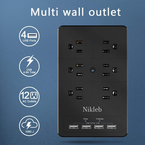 Multiple Plug Outlet Extender Nikleb, Surge Protector 12 Outlets, Plug Extender with 4 USB Ports Shared 4.8A, Wall Outlet Covers with Phone Holder...