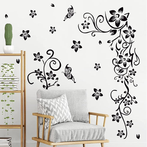 LiveGallery Removable Black Vinyl Flowers Wall Decals DIY Flower Vines and Butterfly Wall Stickers Decor Peel Stick Art Decoration for Teens Room ...