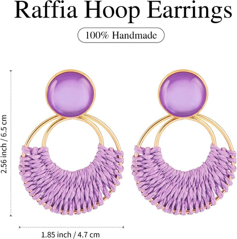 Boho Rattan Dangle Earrings for Women Trendy - Geometric Straw Raffia Earrings for Summer Beach Vacation...