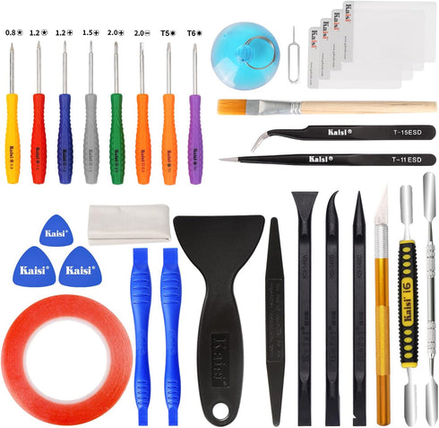 Kaisi 32 in 1 Professional Electronics Screen Opening Pry Tool Repair Kit with Steel and Carbon Fiber Nylon Spudgers, Double Side Adhesive Tape an...