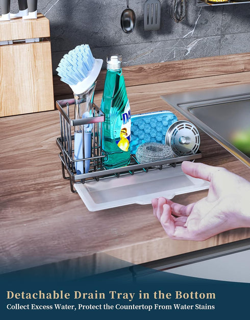 Consumest Sink Caddy, Kitchen Sponge Holder + Dish Brush Holder for Kitchen Sink, Sink Organizer with Drip Tray for Countertop, Stainless Steel Ru...
