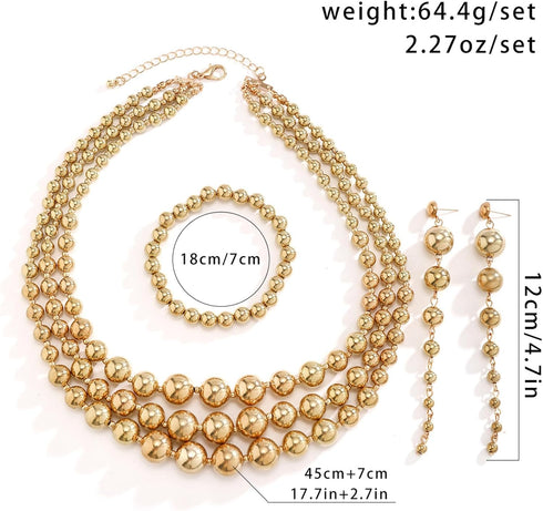 YBMYCM Gold Beaded Jewelry Set Chunky Multi Strands Choker Necklace Bracelet Earrings Set for Women...