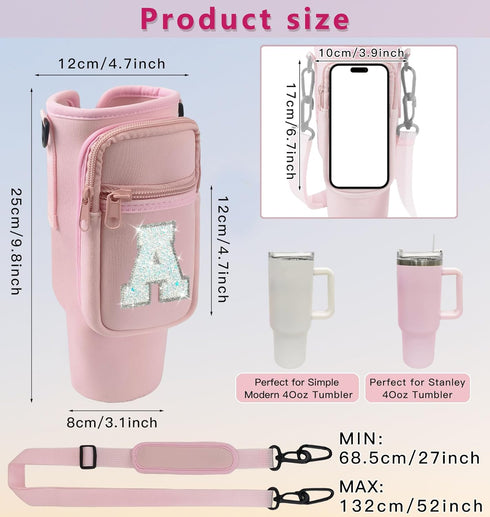 Janhavi Water Bottle Carrier Bag with Phone Pocket for Stanley 40oz Tumbler,Glitter Initial Water Bottle Holder with Adjustable Strap Sport Bottle...