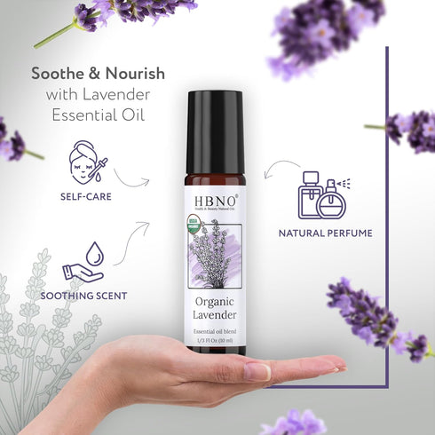 HBNO Organic Lavender Essential Oil Roll-On - 1/3 oz (10 ml) Travel Size - USDA Certified Organic Lavender and MCT Oils - Perfect for traveling, A...