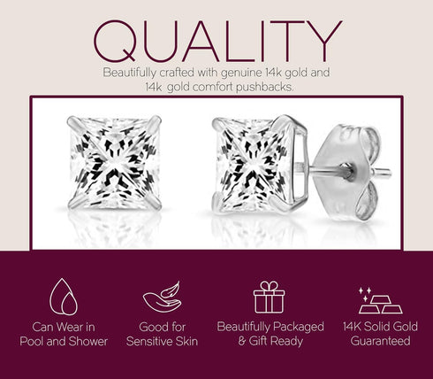 14k White Gold Princess Cut CZ Stud Earrings Real Gold Cubic Zirconia Studs with Solid Gold Backs Square...