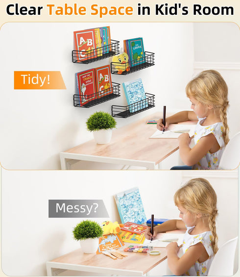 Kids Bookshelf - 2PACK, Black, 4.1" D x 16" W x 3.2" H, Metal Book Shelf for Wall, Versatile Floating Bookshelf for Nursery Toddler Classroom Bedr...