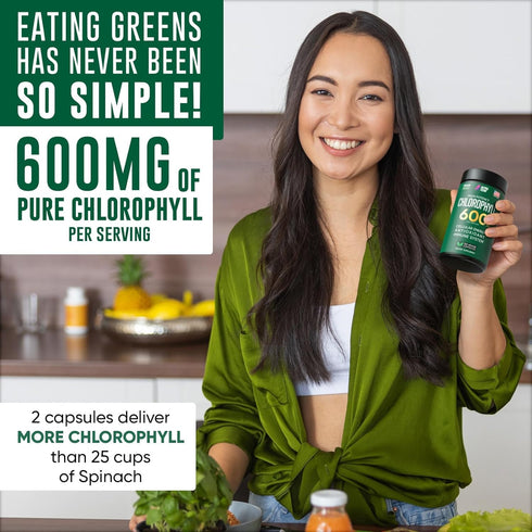 Chlorophyll Capsules 600 mg - Natural Chlorophyll Pills for Women & Men - Highly BioAvailable Chlorophyll Supplement for Energy, Immunity, Skin + ...