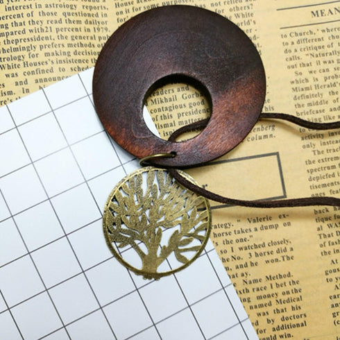 HUNO Tree of Life Pendant Necklace Long Leather Chain Statement Wooden Necklace for Women Vintage Wood Jewelry...