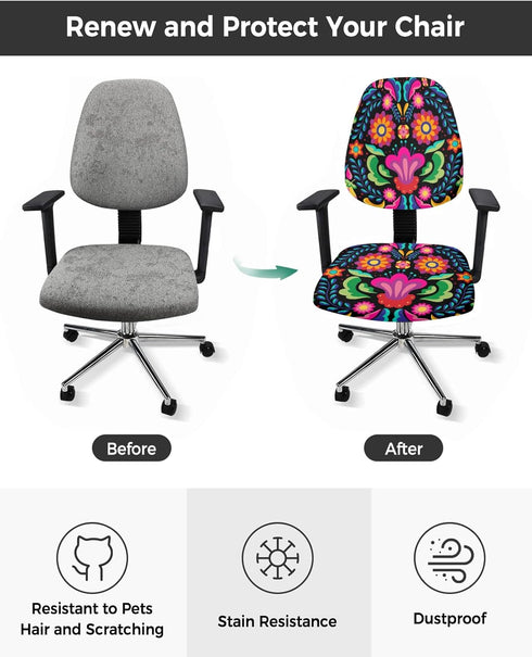 Colorful Floral Mexican Pattern Office Chair Cover Stretchable Computer Chair Seat Cover Backrest Slipcovers, Mexico Ethnic Black Abstract Art Str...