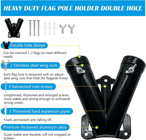 Flag Holder, Flag Bracket, Flag Pole Holder Bracket Double Hole Design Outside House Heavy Duty Metal Flag Mount, Aluminum Alloy Mounting Brackets...