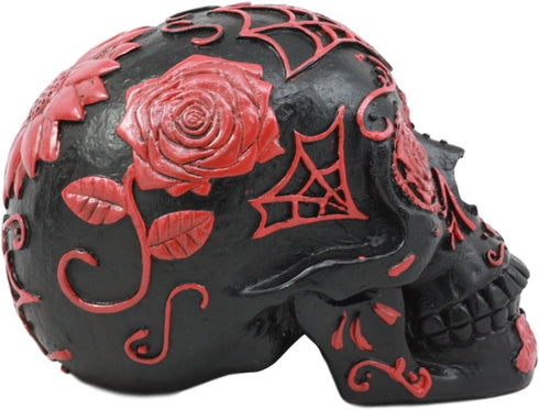 Ebros Day of The Dead Spider Web Floral Red Rose Skull Figurine DOD Floral Black Sugar Skull Statue 5" L...