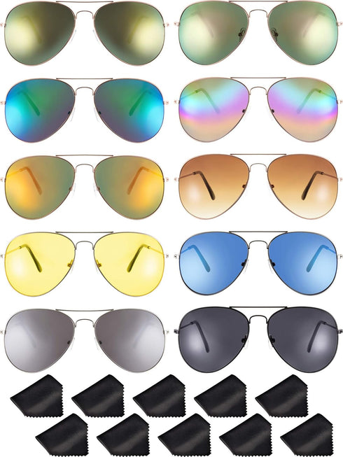10 Pieces Classic Mirrored Flat Lens Sunglasses Lens Metal Frame Sunglasses for Men Women...