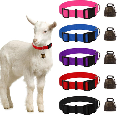 5 Pack Goat Collar with Bell, Adjustable Nylon Collar Set, Anti-Lost Loud Grazing Copper Bells for Small Farm Animal Cow Sheep Accessories...