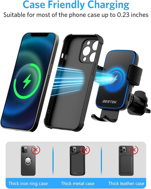 Wireless Car Charger, BESTEK 15W Fast Charging Auto Clamping Car Phone Holder with QC3.0 Car Charger, Air Vent Car Phone Mount Compatible with iPh...