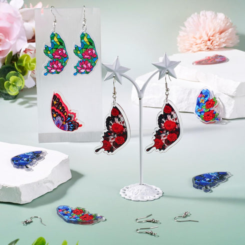 Beadthoven DIY 5 Pairs Rose Butterfly Dangle Earrings Making Kit Retro Flower Printed Acrylic Charms Pendants with Earring Hooks Jump Rings Women ...
