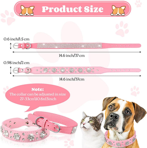 2 Pieces PU Leather Dog Collar Pink Rhinestone Pet Collar Flower Pattern Studded Dog Collar Adjustable Bling Puppy Collar PU Leather Crystal Pet C...