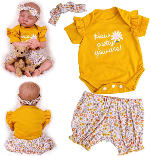Aori Reborn Baby Dolls Clothes 20 inch Outfit 3 pcs Yellow Flower Set for 17-20 Inch Reborn Doll Newborn Girl...