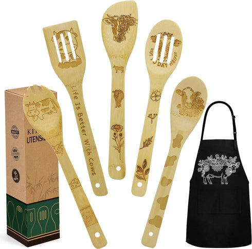 Cow Gifts for Women, Kitchen Decor Cooking Utensils Set include Unique Bamboo Cooking Spoons Apron, Personalized Christmas Mother's Day Housewarmi...