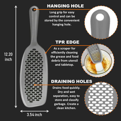 EZ Kitchen Dish Squeegee Kitchen with Silicone Food Strainer Long Grips Non-Slip Scrapers for Pots, Pans, Bowls, and Countertops, 2-Pack, Gray...