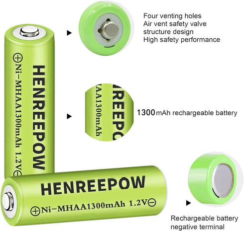 Henreepow Ni-MH AA Rechargeable Batteries, Double A High Capacity 1.2V 1300mAh Pre-Charged for Garden Landscaping Outdoor Solar Lights, String Lig...