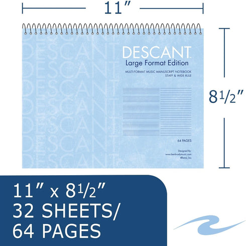 ROARING SPRING Descant Spiral Music Notebook, Unique Staff & Wide Ruled Multi-Format Manuscript, 11" x 8.5" 64 Pages, Top Bound, Heavy 20lb White ...