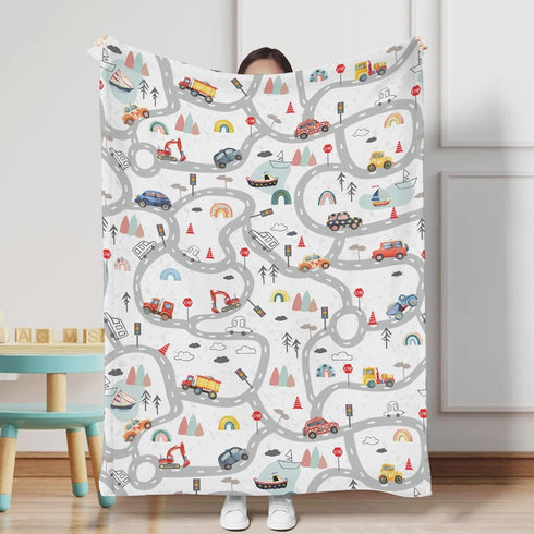 Cartoon Road Car Vehicles Baby Blanket for Boy Girl City Roadway Truck Boat Mountain Forest Rainbow Flannel Receiving Blanket Soft Swaddle Blanket...