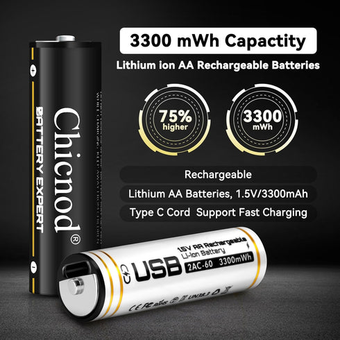 4Pack Rechargable AA Lithium Batteries, 3300mWh Double A Battery 1.5V Constant Output Lithium ion Double A Battery Long Lasting USB Fast Charging...