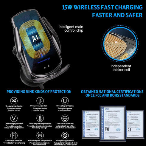 Wireless Car Charger,15W Qi Fast Charging, Automatic Sensor Auto-Clamping Car Phone Holder, Windshield Dashboard Air Vent Car Phone Mount, Q3-US...