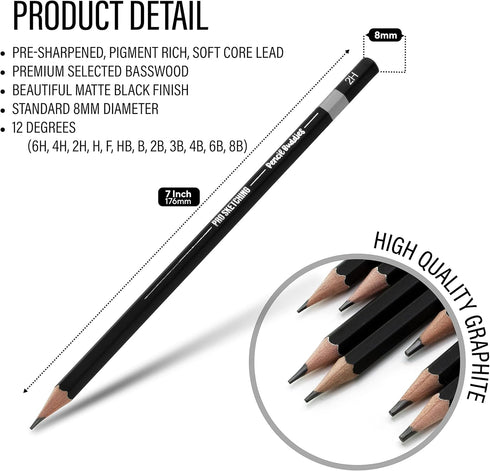 Professional Drawing Sketching Art Pencils Set - 12 Graphite Drawing Pencils for Sketch Art and Shading 8B, 6B, 4B, 3B, 2B, B, HB, F, H, 2H, 4H, 6...