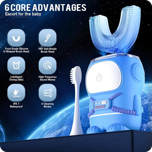 RexCodar Ultrasonic Kid's U-Shaped Electric Toothbrush, IPX7 Waterproof, Five Cleaning Modes, 60S Smart Reminder (Blue Ages 6-12)...