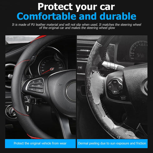 Leather Car Steering Wheel Cover, Anti-Slip Breathable for Men Women, Universal 15 Inch, Steering Wheel Cover Protector for Most Cars Trucks, Car ...